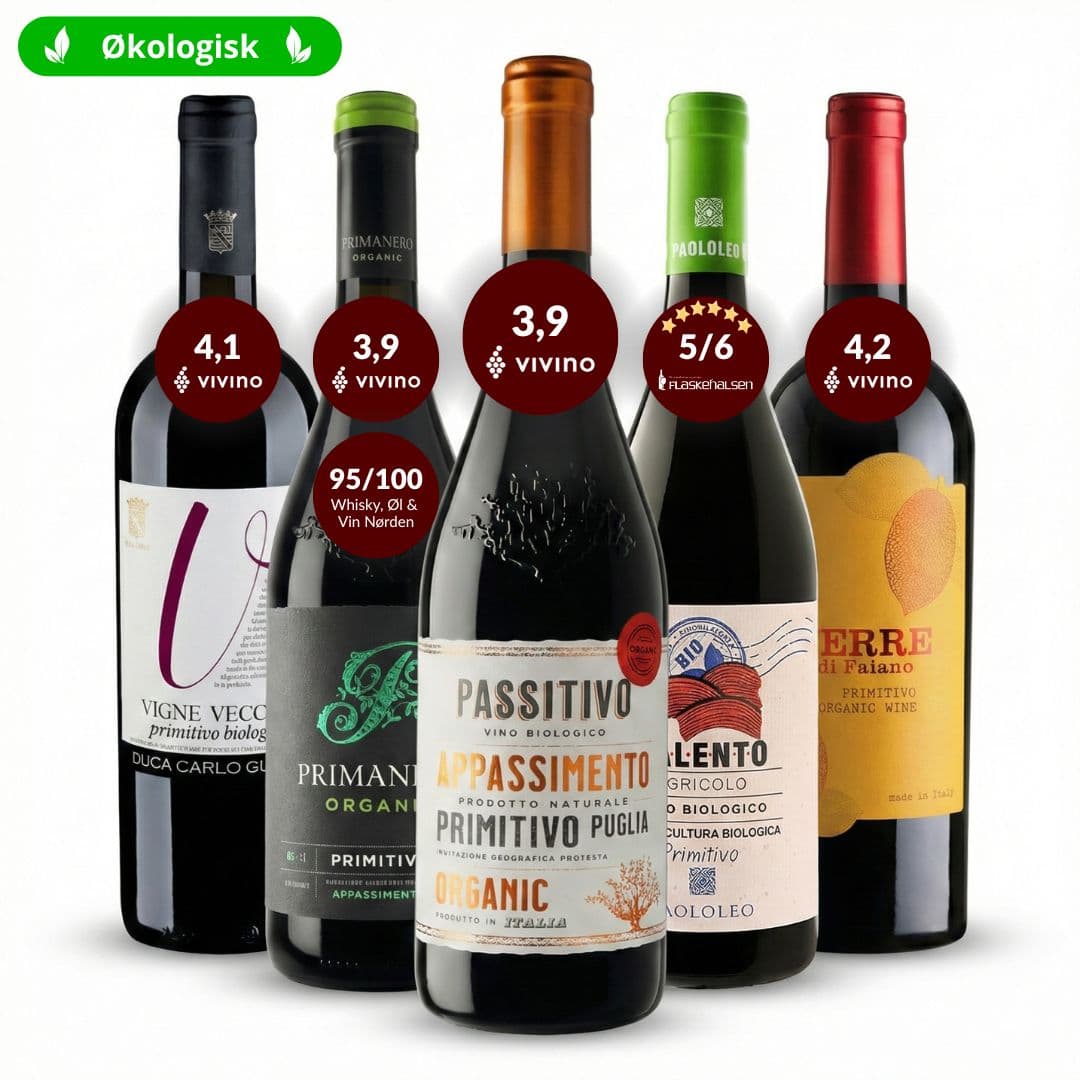 Primitivo Smagskasse - 5 økologiske rødvine fra Puglia, Italien